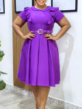 Women's Short Sleeve Peter Pan Collar Solid Color Ruffle High-Waist Swing Dress