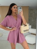 Summer V-Neck Fashion Casual Slim Waist Solid Color Jumpsuit for Women