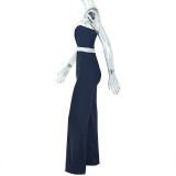 Casual Career Women's Clothing Black and White Contrast Patchwork Slim Slash Shoulder Low-Back Long Jumpsuit