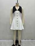 Turndown Collar Metal Button Sleeveless Chic Slim Waist Mini Dress