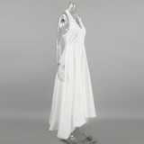 White Sexy Sleeveless Halter Neck Dress Fashion A-Line Maxi Dress for Women