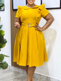 Women's Short Sleeve Peter Pan Collar Solid Color Ruffle High-Waist Swing Dress
