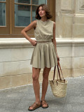 Round Neck Vest & Pleated Skirt Set Spring Summer Linen Comfortable Casual Short Skirt Set for Women