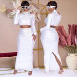 Long Sleeve Top & Bodycon Slit Skirt Party Printed Two-Piece Set