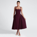 Spring Women's Square Neck Strap Retro Slim Midi Dress
