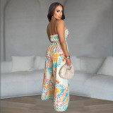Fashion Women Sexy Strapless Low-Back Wide-Leg Printed Jumpsuit