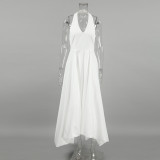White Sexy Sleeveless Halter Neck Dress Fashion A-Line Maxi Dress for Women