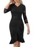 Elegant Slim Lace Patchwork Sleeve Black Ruffle Career Dress