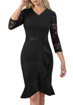 Elegant Slim Lace Patchwork Sleeve Black Ruffle Career Dress