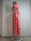 Women's Fashion Sexy V-Neck Printed Slit Long Dress