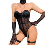Sexy Chocker Strapless Women's Bodysuit with Leg Ring Lingerie Set