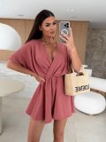 Summer V-Neck Fashion Casual Slim Waist Solid Color Jumpsuit for Women