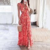 Women's Fashion Sexy V-Neck Printed Slit Long Dress