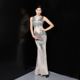 Luxury Sequin Mermail Women Formal Party Evening Dress Sexy Sleeveless Long Slim Bridal Gown