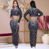 Long Sleeve Top & Bodycon Slit Skirt Party Printed Two-Piece Set