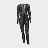 Fashion Lace Solid Color See-Through Slim Sexy Long-Sleeved Jumpsuit for Women