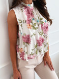Summer Fashion Career Sleeveless Printed Lace-Up Blouses for Women