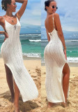 Straps Sexy Knitted Beach Cover-Up Low-Back Slit V-Neck High-Waist Slim Dress