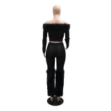 Long Sleeve Off-Shoulder Top & Slim Trousers Furry Two-Piece Set