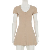 Solid Color Buttoned Knitted V-Neck Slim A-Line Mini Dress