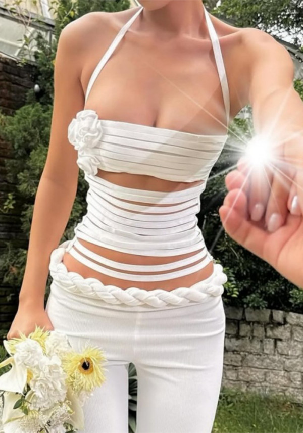 Spring Sexy Flower Hollow-Out Slim Halter Neck Vest for Women