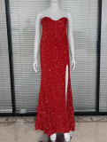 Spring Sequin Side Slit Strapless FishBoned Evening Dress