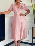 Women's Summer V-Neck Fashion Short Sleeve Solid Color Elegant Pleated African Dress