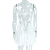 Women Pleated Solid Color Low-Back Lace-Up A-Line Short Dress