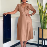Women's Summer V-Neck Fashion Short Sleeve Solid Color Elegant Pleated African Dress