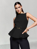 Women's Summer Professional Chic Round Neck Sleeveless Lace Slim Waist Puff Sleeve Top