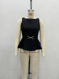 Women's Summer Professional Chic Round Neck Sleeveless Lace Slim Waist Puff Sleeve Top