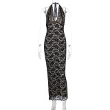 Summer Women's Sexy Fashion Halter Neck Lace-Trimmed Slit Slim Dress