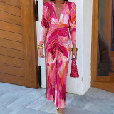 Spring Women's Chic Elegant V-Neck Pleated Slim Waist Dress