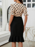 Fashionable Puff Sleeve Trendy Polka Dot Contrast Color Ruffle High-Waist Bodycon Dress