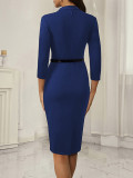 Fake Two-Piece Career Bodycon Fashion Dresses for Women Belt V-Neck Solid Color Dress