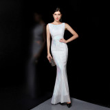 Luxury Sequin Mermail Women Formal Party Evening Dress Sexy Sleeveless Long Slim Bridal Gown