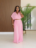 Women Casual Holidays Summer Turndown Collar Short Top & High-Waist Wide-Leg Pants Set