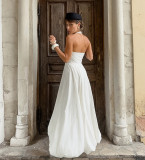 White Sexy Sleeveless Halter Neck Dress Fashion A-Line Maxi Dress for Women