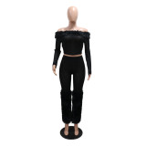 Long Sleeve Off-Shoulder Top & Slim Trousers Furry Two-Piece Set