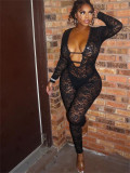 Fashion Lace Solid Color See-Through Slim Sexy Long-Sleeved Jumpsuit for Women