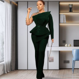 African Plus Size Women's Solid Color Beaded Mesh Casual Fashion Pants Set