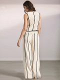 Spring Summer Women's Striped Sleeveless Vest & Loose Wide-Leg Trousers Two-Piece Set