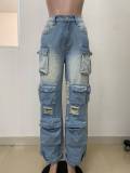 Women's Fashion Street Trendy Cut Straight-Leg Loose Denim Multi-Pocket Trousers