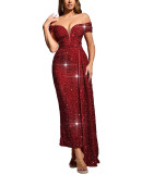 Women's Chic Sexy Sequin Off-Shoulder Solid Color Party Dress