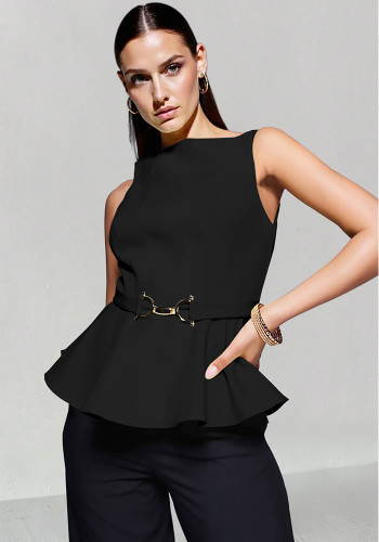 Women's Summer Professional Chic Round Neck Sleeveless Lace Slim Waist Puff Sleeve Top