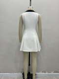 Turndown Collar Metal Button Sleeveless Chic Slim Waist Mini Dress