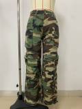 Women's Fashion Street Straight-Leg Loose Camo Trousers with Multi-Pockets