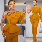 African Plus Size Women's Solid Color Beaded Mesh Casual Fashion Pants Set