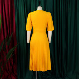 Women's Summer V-Neck Fashion Short Sleeve Solid Color Elegant Pleated African Dress
