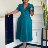 Women's Summer V-Neck Fashion Short Sleeve Solid Color Elegant Pleated African Dress